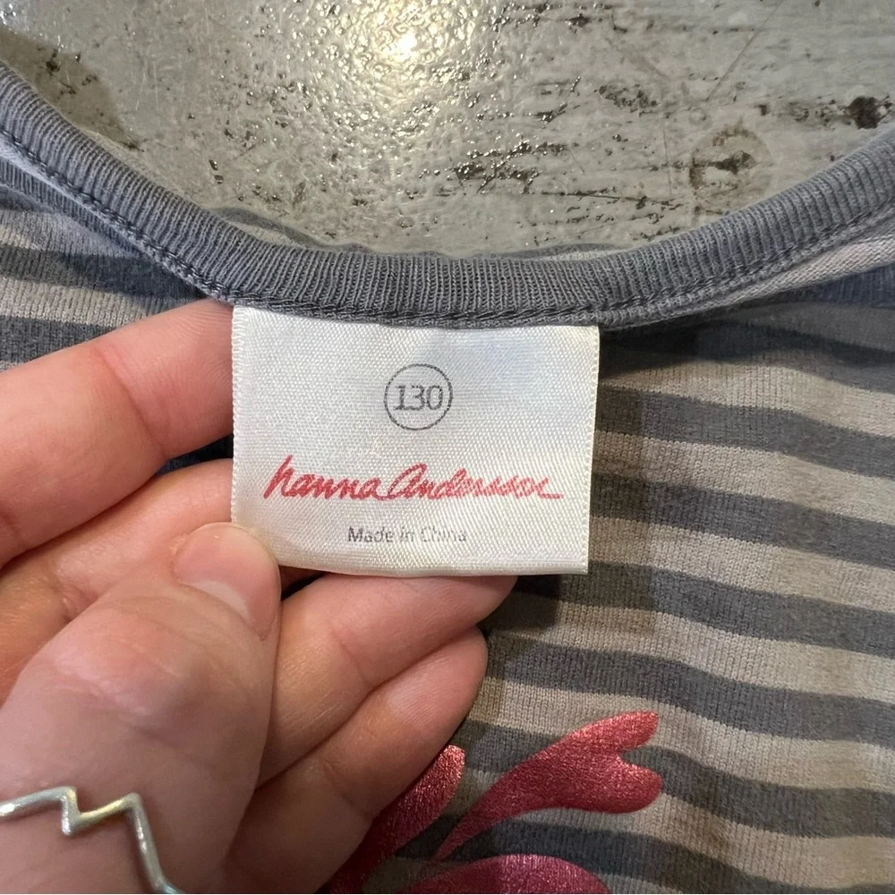 Hanna Andersson Girls Gray Striped Tee with Pink Floral Design 100% Cotton 130 - Picture 3 of 5